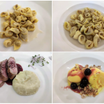 Cappelletti in crema di Parmigiano Reggiano; cappelletti in brodo di cappone; filetto di maiale con lambrusco; gelato alla crema in amaretto e amarene sciroppate di Vignola