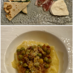 piada di grani antichi del Montefeltro ed erbe selvatiche, squacquerone, raviggiolo e prosciutto; primo: polenta con sugo matto di piselli, pancetta e pecorino