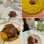 brisè di farina integrale, riduzione ambrata di segale; risotto Arborio, zafferano e midollo; spalla di Mora; gelato alla polenta