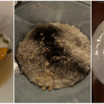 consommé di bucce e semi di zucca; risotto croste di Parmigiano; controfiletto alla brace